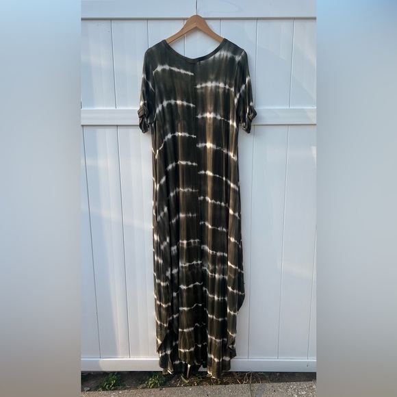 Green and White Maxi Dress, Tie Dye with pockets, Jersey knit stretch Large long - Picture 8 of 9